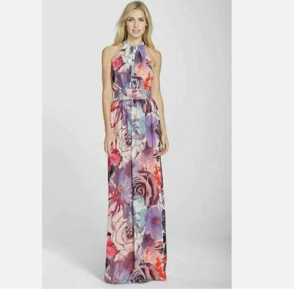 Eliza J Halter Top Floral Chiffon Maxi Dress Women's Size 12
